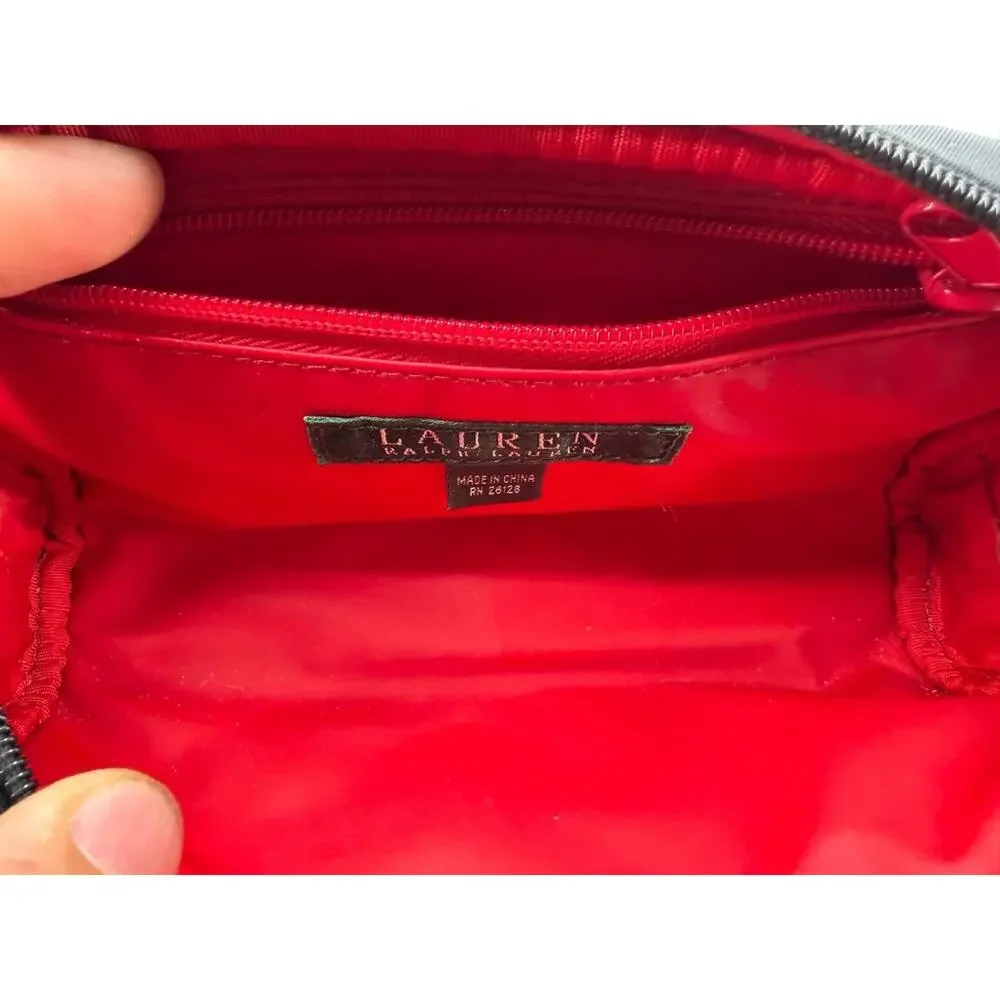 Lauren Ralph Lauren Black Red Gold Crest Zip Makeup Cosmetic Travel Bag Pouch